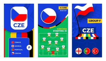 Tschechien Fußball Mannschaft 2024 Vertikale Banner einstellen zum Sozial Medien. Fußball 2024 Banner mit Gruppe, Stift Flagge, Spiel Zeitplan und ausrichten auf Fußball Feld vektor