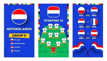 Niederlande Mannschaft Fußball 2024 Vertikale Banner einstellen zum Sozial Medien. Fußball 2024 Banner einstellen mit Gruppe, Stift Flagge, Spiel Zeitplan und ausrichten auf Fußball Feld vektor