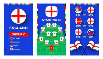 England Mannschaft Fußball 2024 Vertikale Banner einstellen zum Sozial Medien. Fußball 2024 Banner einstellen mit Gruppe, Stift Flagge, Spiel Zeitplan und ausrichten auf Fußball Feld vektor