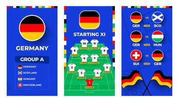 Deutschland Mannschaft Fußball 2024 Vertikale Banner einstellen zum Sozial Medien. Fußball 2024 Banner einstellen mit Gruppe, Stift Flagge, Spiel Zeitplan und ausrichten auf Fußball Feld vektor