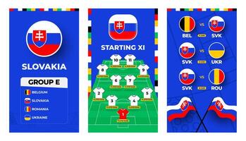 Slowakei Mannschaft Fußball 2024 Vertikale Banner einstellen zum Sozial Medien. Fußball 2024 Banner einstellen mit Gruppe, Stift Flagge, Spiel Zeitplan und ausrichten auf Fußball Feld vektor