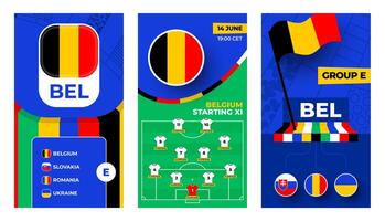 Belgien Fußball Mannschaft 2024 Vertikale Banner einstellen zum Sozial Medien. Fußball 2024 Banner mit Gruppe, Stift Flagge, Spiel Zeitplan und ausrichten auf Fußball Feld vektor