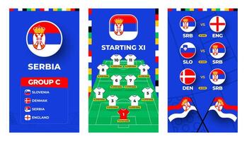 Serbien Mannschaft Fußball 2024 Vertikale Banner einstellen zum Sozial Medien. Fußball 2024 Banner einstellen mit Gruppe, Stift Flagge, Spiel Zeitplan und ausrichten auf Fußball Feld vektor