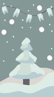 julhälsningskort söt handritad stil och trendiga matchande pastellfärger. julgran och snögubbe med presentförpackning på snödriva med krans och snöflingor vektor