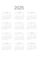 2025 kalendermall i klassisk strikt stil. månadskalender individuellt schema minimalism återhållsam design för företagsnotebook. veckan börjar på söndag vektor