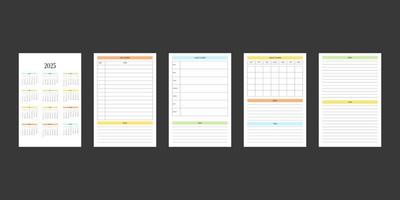 2025 kalender och dagliga veckovisa månatliga personliga planerare dagbok mall i klassisk strikt stil. individuellt schema minimalism återhållsam design för företagsnotebook. veckan börjar på söndag vektor