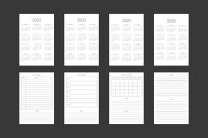 2022 2023 2024 2025 Kalender und tägliche wöchentliche monatliche persönliche Planer-Tagebuchvorlage im klassischen, strengen Stil. minimalistisches Design des monatlichen Kalenderplans für Business-Notizbuch. Woche beginnt am Sonntag vektor