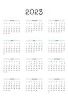 2023 kalendermall i klassisk strikt stil med typskriven typsnitt. månadskalender individuellt schema minimalism återhållsam design för företagsnotebook. veckan börjar på söndag vektor