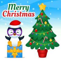 Pinguin sitzt auf Geschenkbox und feiert Weihnachten und Neujahr vektor