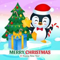 Fröhlicher süßer Pinguin, der Weihnachten und Neujahr auf dem Eisberg feiert vektor