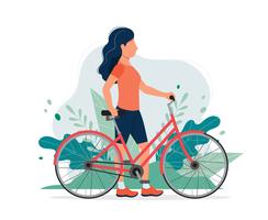 Glückliche Frau mit einem Fahrrad im Park. Vector Illustration in der flachen Art, Konzeptillustration für gesunden Lebensstil, den Sport und trainieren.