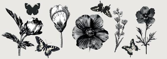 blomma, fjäril, kamomill, krysantemum, lavendel- med svartvit årgång fotokopia effekt, y2k collage design. stippel halvton retro design element. grunge punk- overkligt affisch vektor