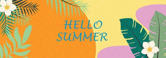 Sommer- horizontal Hintergrund mit hell abstrakt tropisch Blätter und Blumen. modern minimalistisch Stil Design Vorlage zum Verkauf, horizontal Poster, Header, Abdeckung, Sozial Medien, Mode Anzeigen vektor