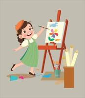 söt liten konstnär flicka målning med duk. barns hobbyer. vektor