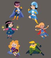 pojke och flicka bär färgrik kostymer av olika superhjältar, isolerat på brun Färg bakgrund. tecknad serie karaktär av unge superhjältar. vektor