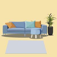 soffa med matta och krukväxter. modern möbel. blå soffa med kuddar. vektor