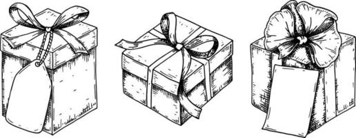 Reihe von handgezeichneten Luxus-Geschenkboxen. Vektor-Illustration im Stil einer Skizze auf weißem Hintergrund vektor
