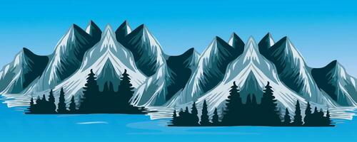 stor flod med berg och blå himmel för tecknad serie vektor
