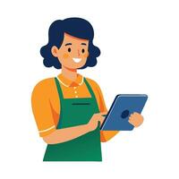 Supermarkt Inhaber mit ein Digital Tablette im ihr Geschäft eben Illustration vektor