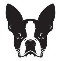 hund logotyp - en ledsen boston terrier hund ansikte illustration i svart och vit vektor