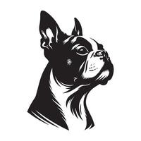 hund logotyp - en majestätisk boston terrier hund ansikte illustration i svart och vit vektor