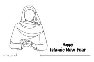 ett kontinuerlig linje teckning av Lycklig islamic ny år begrepp. klotter illustration i enkel linjär stil. vektor