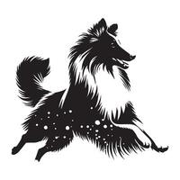 shetland sheepdog - spelar glatt med en damning av snö illustration i svart och vit vektor