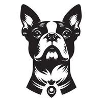Hund Logo - - ein würdevoll Boston Terrier Hund Gesicht Illustration im schwarz und Weiß vektor