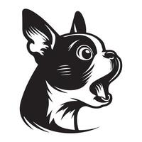 hund logotyp - en överraskad boston terrier hund ansikte illustration i svart och vit vektor