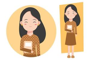 kvinnlig lärare med söt seriefigur illustration bär batik kostym och bok för lärare dag hälsning banner, affisch, sociala medier inlägg. vektor
