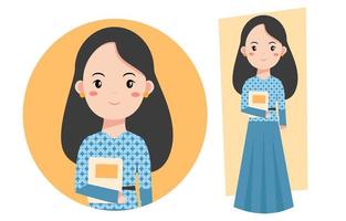 Lehrerin mit niedlicher Zeichentrickfigur mit Batik-Kostüm und Buch für Lehrertag-Grußbanner, Poster, Social-Media-Post.