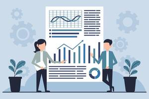 Geschäftsmann und Geschäftsfrau Arbeiten zusammen mit statistisch Daten. Design Illustration im eben Stil vektor