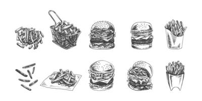 en uppsättning av hamburgare och franska pommes frites. en ritad för hand skiss av olika hamburgare och franska pommes frites. en samling av retro illustrationer av snabb mat vektor