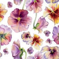 Hand gezeichnet Aquarell Illustration schäbig Boho botanisch Blumen Blätter. bunt Stiefmütterchen Viola Impatiens panola, nahtlos Muster isoliert auf Weiß Hintergrund. Design Hochzeit, Liebe Karten, Geschenk Papier vektor