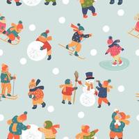 nahtloses Muster. Wintersaison Hintergrund Kinder Charaktere. flache Vektorillustration. Winteraktivitäten im Freien. Kinder haben Spaß. vektor