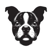 hund logotyp - en sorgsen boston terrier hund ansikte illustration i svart och vit vektor