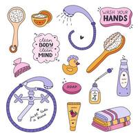 söt hand dragen klotter uppsättning av hygien föremål, badrum och dusch Tillbehör. Produkter för hudvård, skönhet, kropp vård, själv kärlek i trendig stil. tvål, mikrofiber handduk, schampo, grädde, Anka, olja vektor