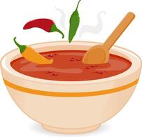ein heiß dampfend Schüssel von heiß würzig Chili Suppe und Löffel mit rot Gelb und Grün Chili Pfeffer. Mexikaner Schüssel von heiß Chili Suppe Essen mit Tomate und Gemüse. vektor