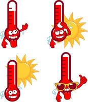 Karikatur rot heiß Thermometer Figuren. Karikatur komisch Thermometer Anzeige sehr heiß Temperatur im Sommer. vektor