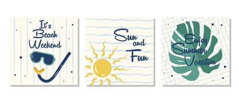 Drucksatz von Sommer- Plakate mit das Sonne, Monstera Blatt, und Tauchen Maske auf ein Weiß Hintergrund. vektor
