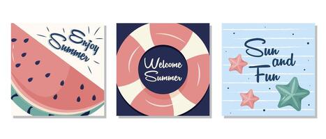 Sommer- Plakate einstellen mit Wassermelone, Rettungsring, und Seestern vektor