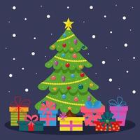 Weihnachtsbaum verziert mit Kugeln, Girlande und Stern mit Geschenken. vektor