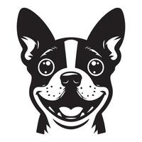 hund logotyp - en Lycklig boston terrier hund ansikte illustration i svart och vit vektor