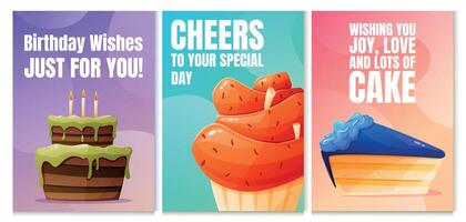 uppsättning av ljus Semester födelsedag kort. banderoller mall med tecknad serie rolig illustrationer av kakor och cupcakes. vektor