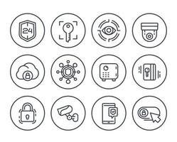 Sicherheitszeilensymbole auf Weiß, Videoüberwachung, biometrisches Screening, sicherer Server, Tresor vektor