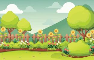 tecknad serie landskap med träd och blommor vektor