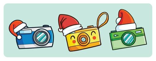 süße und lustige Kameras, die zu Weihnachten eine Weihnachtsmütze tragen vektor