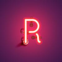 Röd realistisk neon karaktär med trådar och konsol från en fontset, vektor illustration