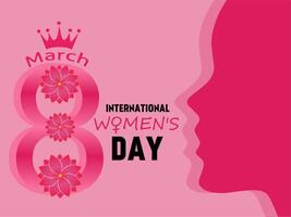 firande av internationell kvinnors dag på Mars 8, rosa silhuett design av kvinnas ansikte från sida och blommig dekoration på figur åtta isolerat på ljus rosa bakgrund vektor