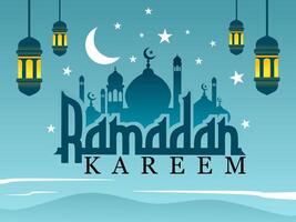 Ramadan kareem Gruß, islamisch Dekoration Vorlage mit Moschee Silhouette und Laterne Ornament isoliert auf Licht Blau Hintergrund vektor